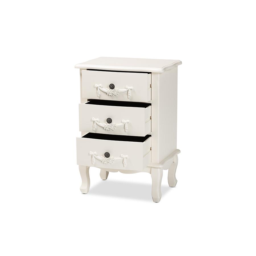 Baxton Studio Callen Classic and Traditional White Finished Wood 3-Drawer Nightstand. Picture 2