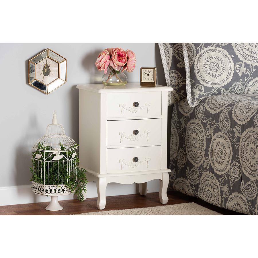 Baxton Studio Callen Classic and Traditional White Finished Wood 3-Drawer Nightstand. Picture 8