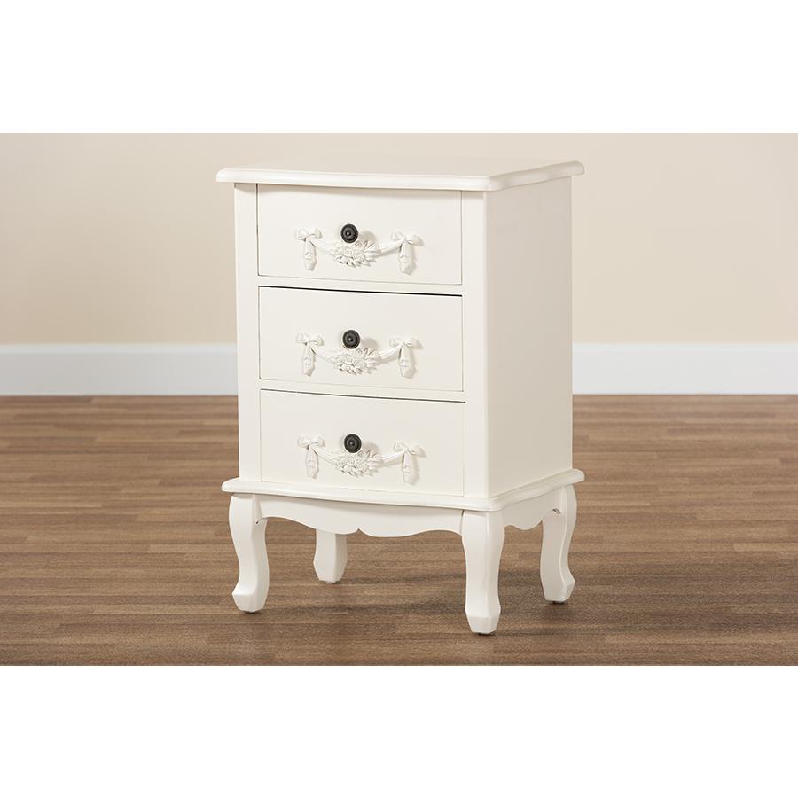 Baxton Studio Callen Classic and Traditional White Finished Wood 3-Drawer Nightstand. Picture 9