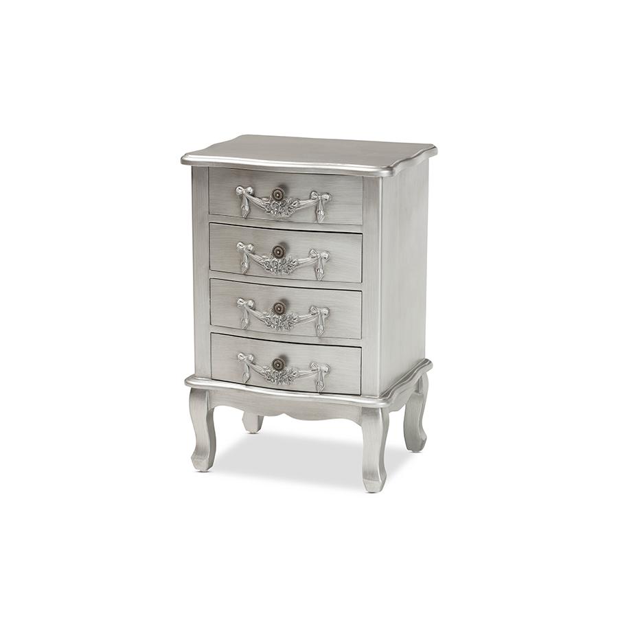 Baxton Studio Callen Classic and Traditional Brushed Silver Finished Wood 4-Drawer Nightstand. Picture 1