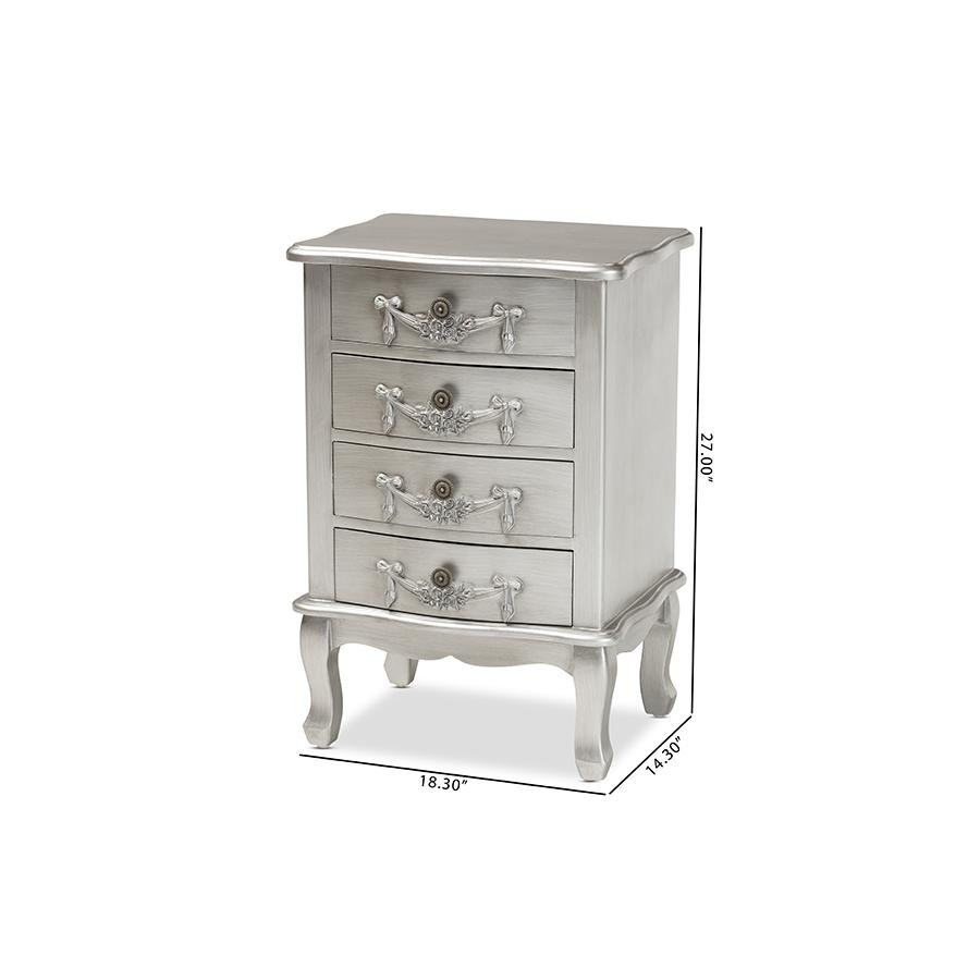 Baxton Studio Callen Classic and Traditional Brushed Silver Finished Wood 4-Drawer Nightstand. Picture 10