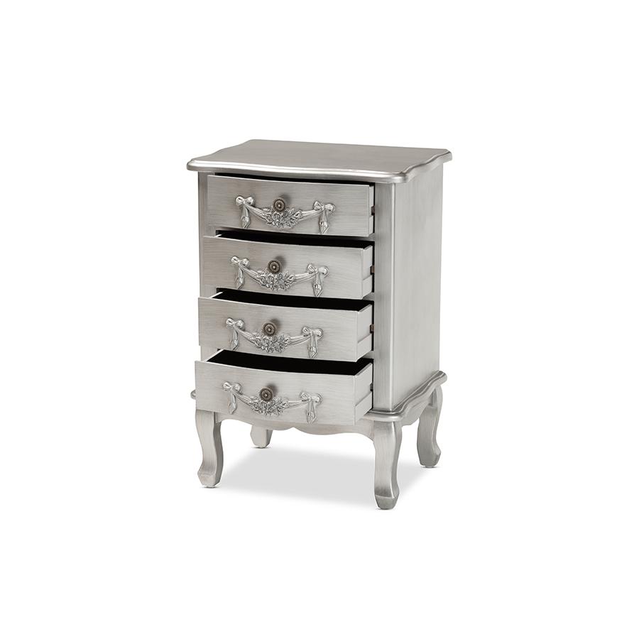 Baxton Studio Callen Classic and Traditional Brushed Silver Finished Wood 4-Drawer Nightstand. Picture 2