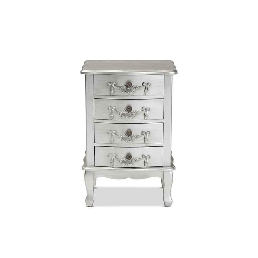 Baxton Studio Callen Classic and Traditional Brushed Silver Finished Wood 4-Drawer Nightstand. Picture 3