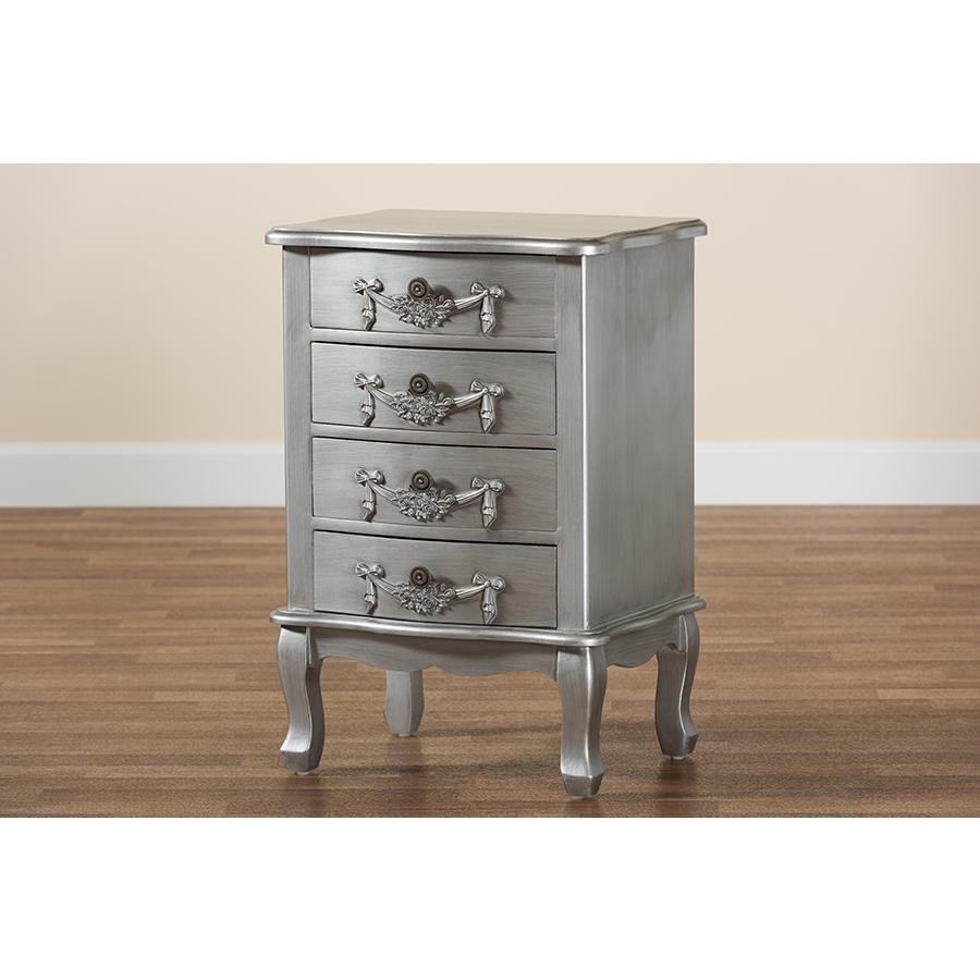 Baxton Studio Callen Classic and Traditional Brushed Silver Finished Wood 4-Drawer Nightstand. Picture 9