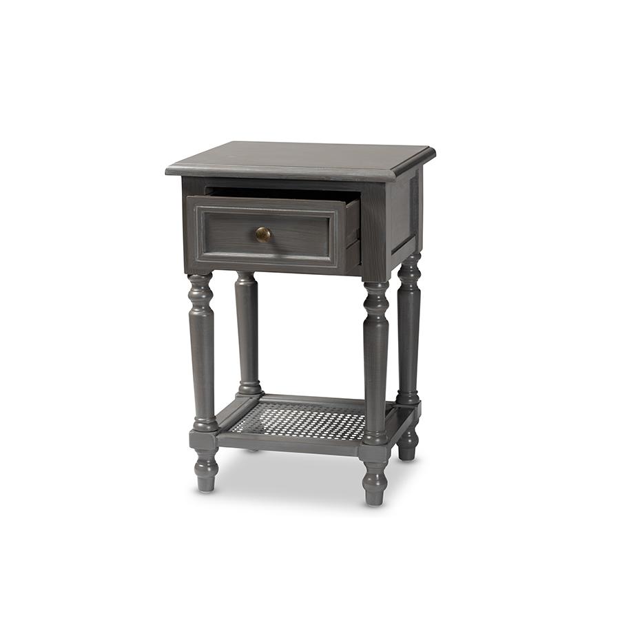 Baxton Studio Sheldon Modern and Contemporary Vintage Grey Finished Wood 1-Drawer Nightstand. Picture 3