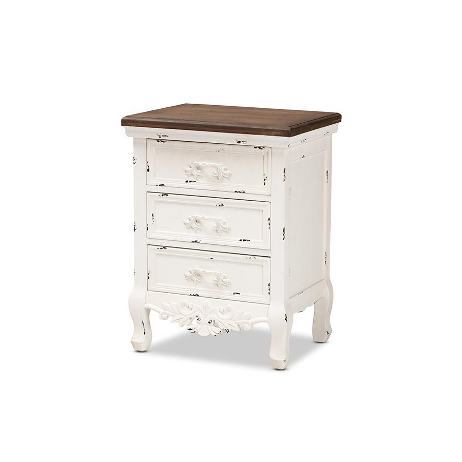 Baxton Studio Levron Classic and Traditional Walnut Brown and Antique White Finished Wood 3-Drawer Nightstand. Picture 2