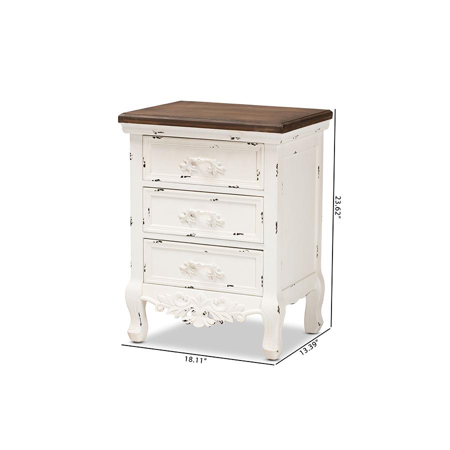 Baxton Studio Levron Classic and Traditional Walnut Brown and Antique White Finished Wood 3-Drawer Nightstand. Picture 11