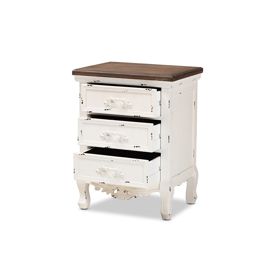 Baxton Studio Levron Classic and Traditional Walnut Brown and Antique White Finished Wood 3-Drawer Nightstand. Picture 3
