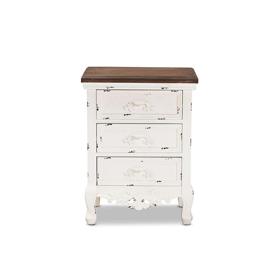 Baxton Studio Levron Classic and Traditional Walnut Brown and Antique White Finished Wood 3-Drawer Nightstand. Picture 4