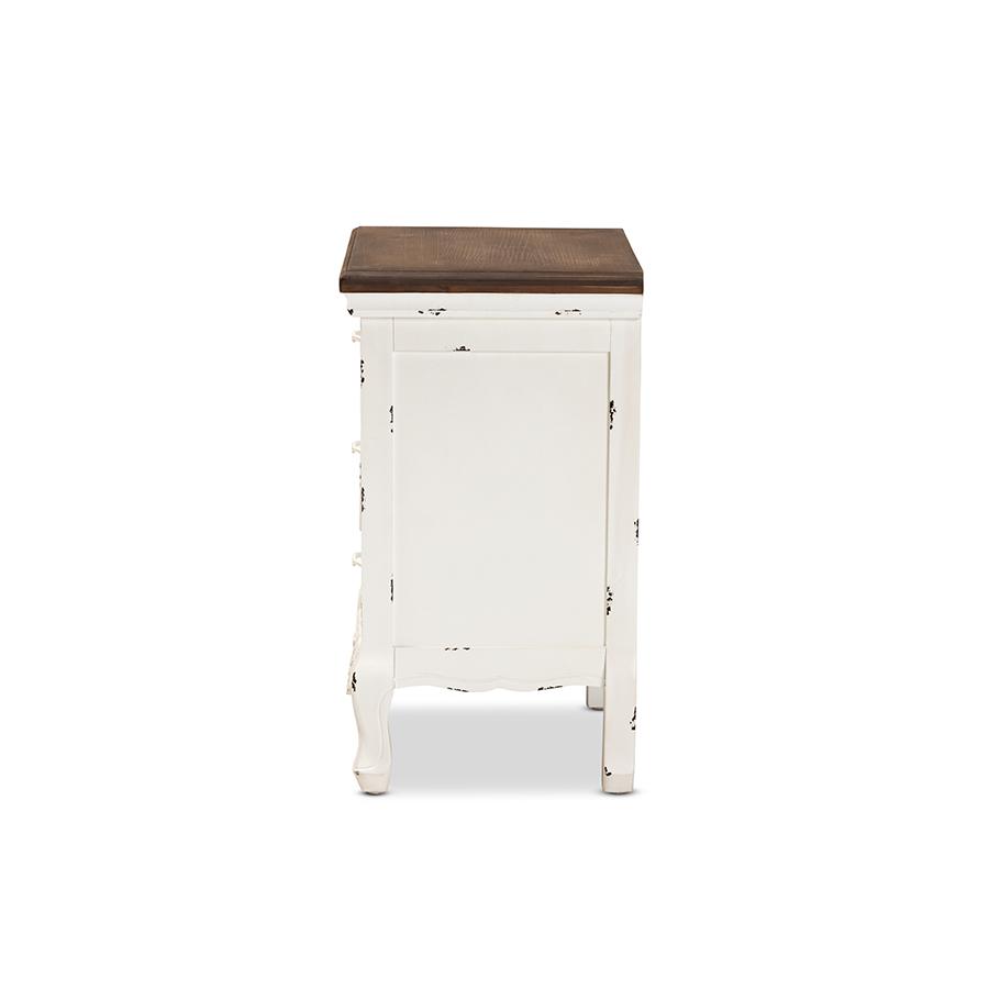 Baxton Studio Levron Classic and Traditional Walnut Brown and Antique White Finished Wood 3-Drawer Nightstand. Picture 5