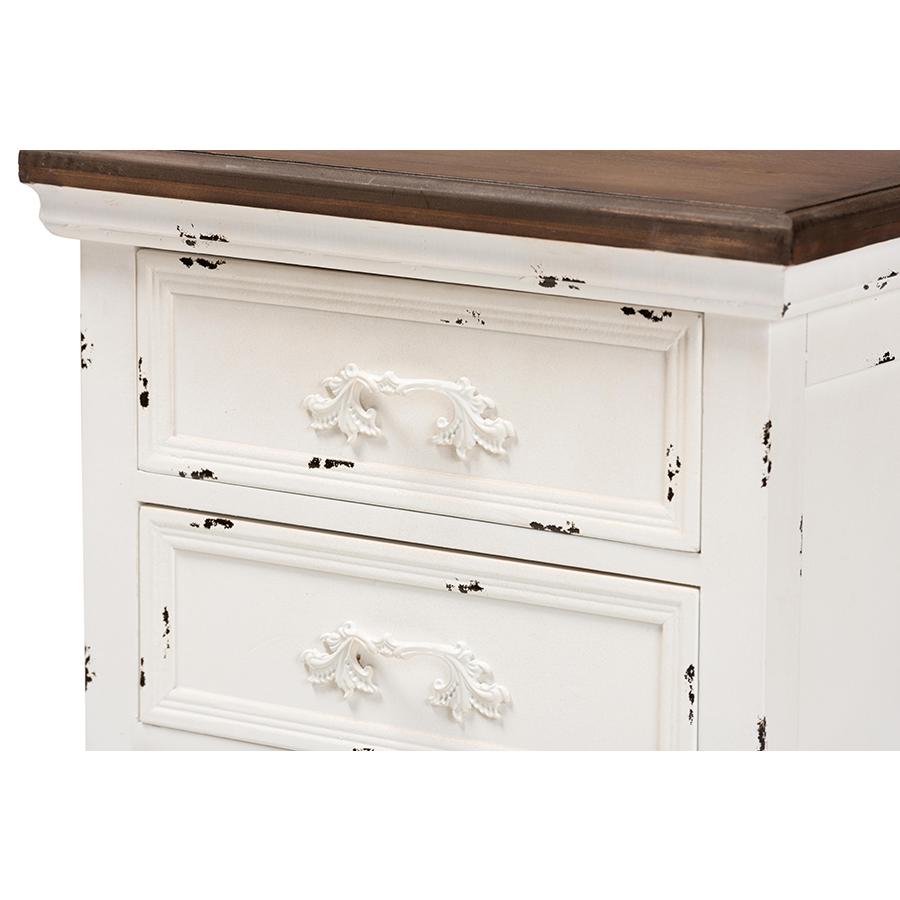 Baxton Studio Levron Classic and Traditional Walnut Brown and Antique White Finished Wood 3-Drawer Nightstand. Picture 6