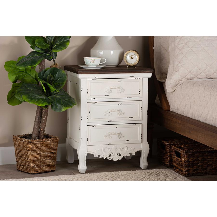 Baxton Studio Levron Classic and Traditional Walnut Brown and Antique White Finished Wood 3-Drawer Nightstand. Picture 1