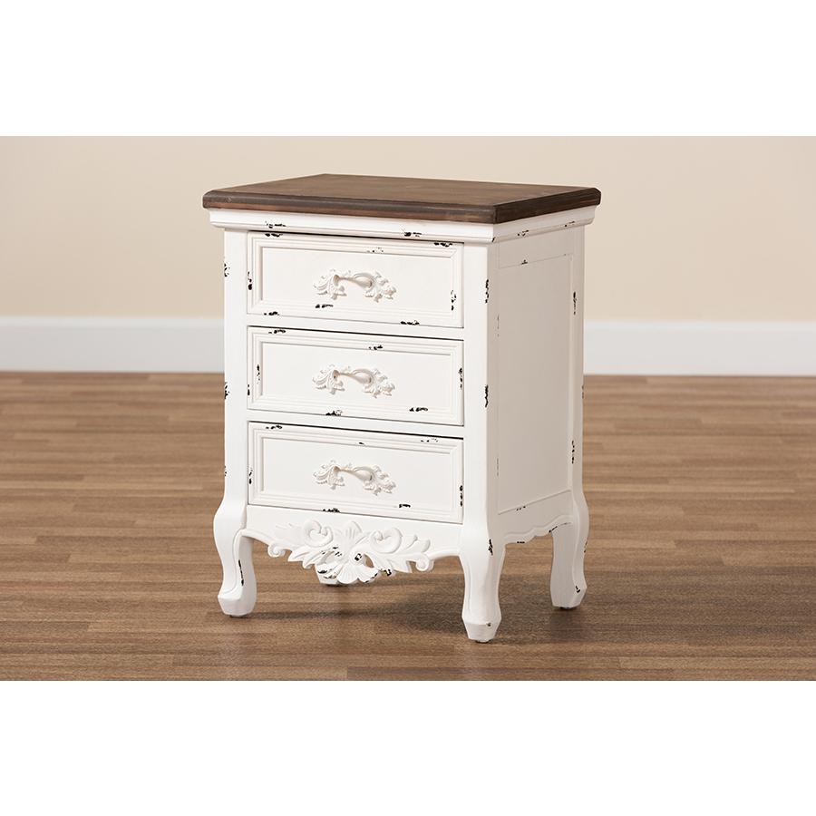 Baxton Studio Levron Classic and Traditional Walnut Brown and Antique White Finished Wood 3-Drawer Nightstand. Picture 10