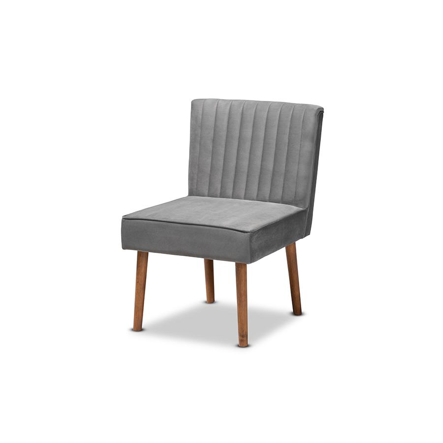 Grey Velvet Upholstered and Walnut Brown Finished Wood Dining Chair. Picture 1