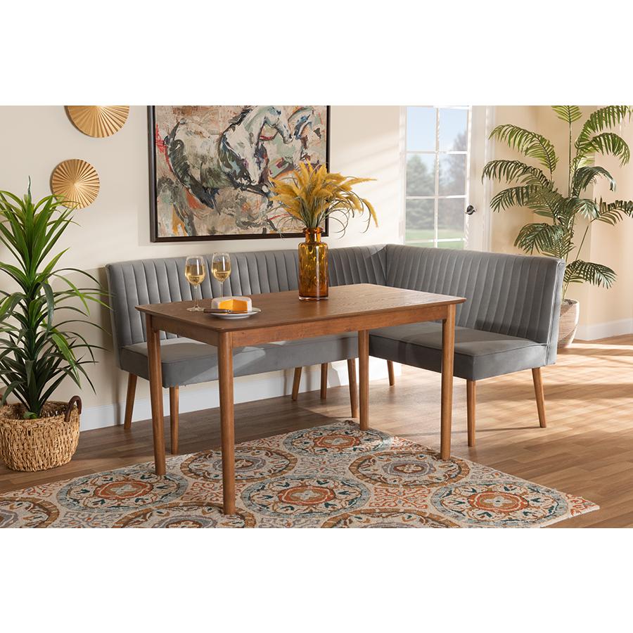 Grey Velvet Upholstered and Walnut Brown Finished Wood 3-Piece Dining Nook Set. Picture 9