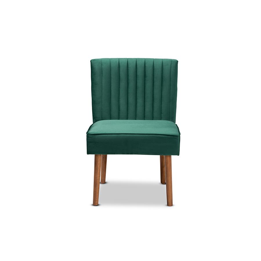 Emerald Green Velvet Upholstered and Walnut Brown Finished Wood Dining Chair. Picture 2