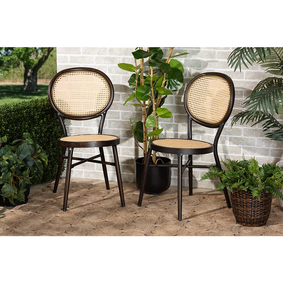 Dark Brown Finished Metal and Synthetic Rattan 2-Piece Outdoor Dining Chair Set. Picture 7