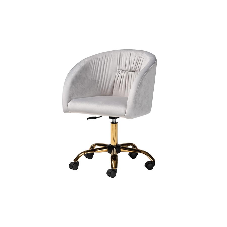 Glam and Luxe Grey Velvet Fabric and Gold Metal Swivel Office Chair. Picture 1