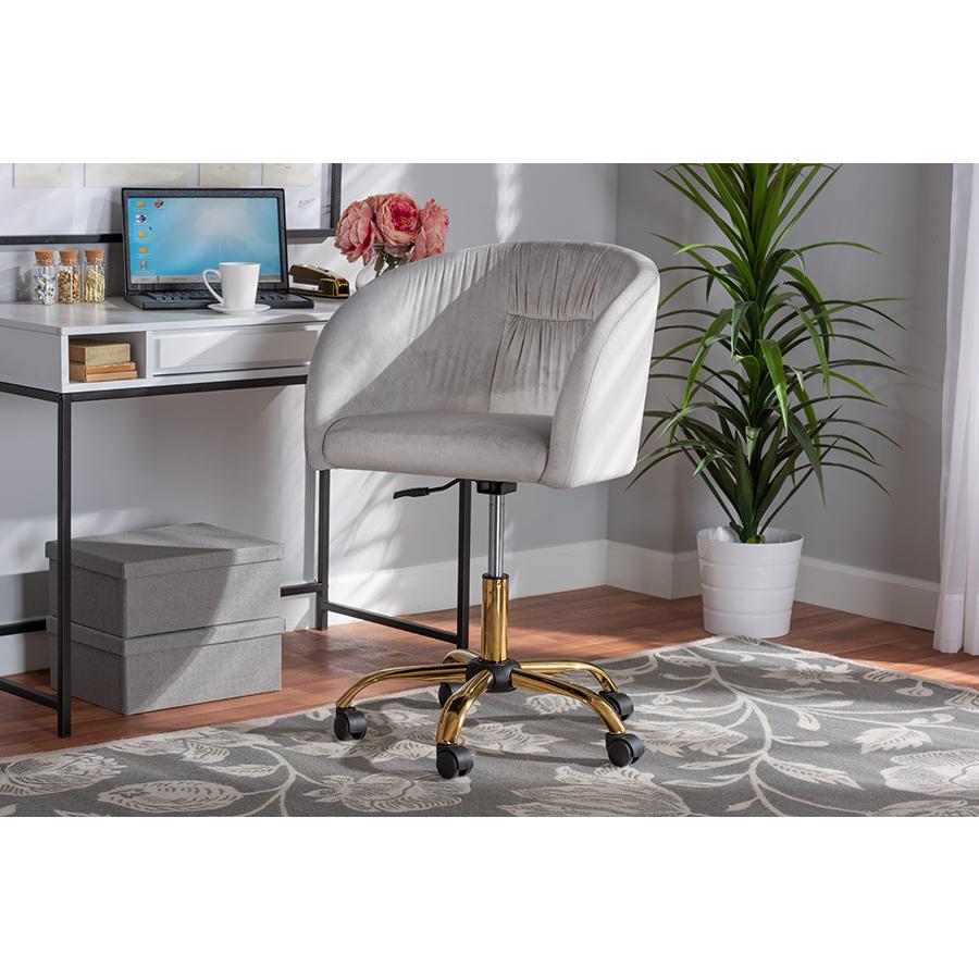 Glam and Luxe Grey Velvet Fabric and Gold Metal Swivel Office Chair. Picture 10