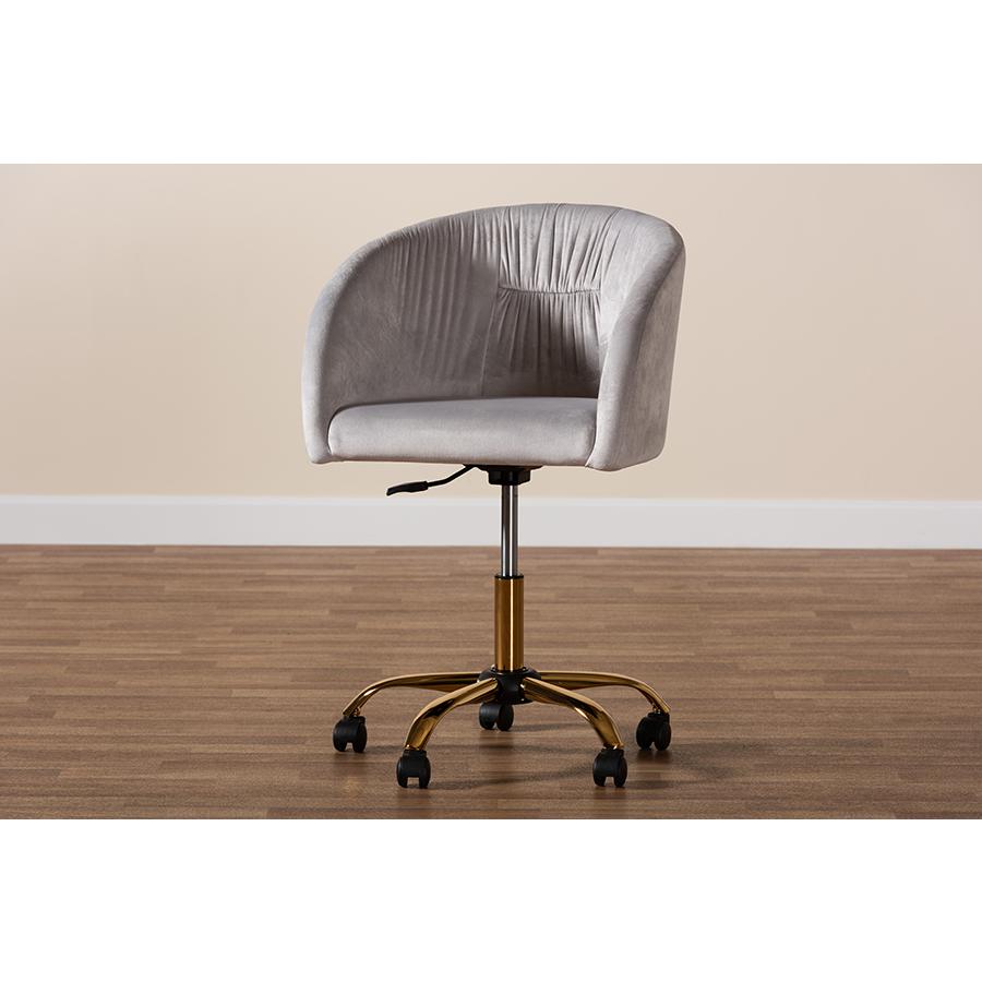 Glam and Luxe Grey Velvet Fabric and Gold Metal Swivel Office Chair. Picture 11