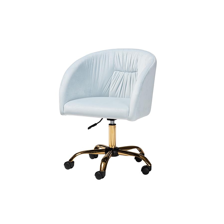 Glam and Luxe Aqua Velvet Fabric and Gold Metal Swivel Office Chair. Picture 1