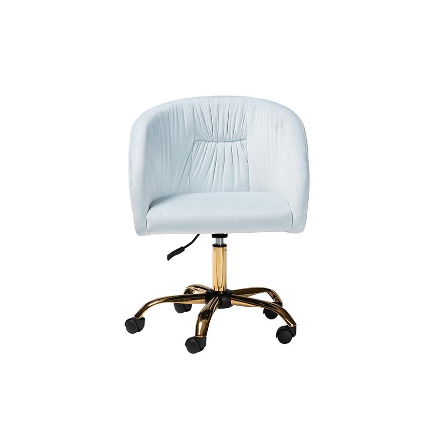 Glam and Luxe Aqua Velvet Fabric and Gold Metal Swivel Office Chair. Picture 2