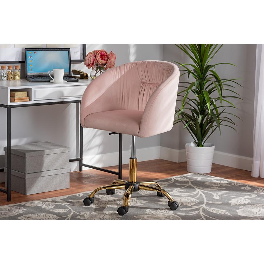 Baxton Studio Ravenna Contemporary Glam and Luxe Blush Pink Velvet Fabric and Gold Metal Swivel Office Chair. Picture 10