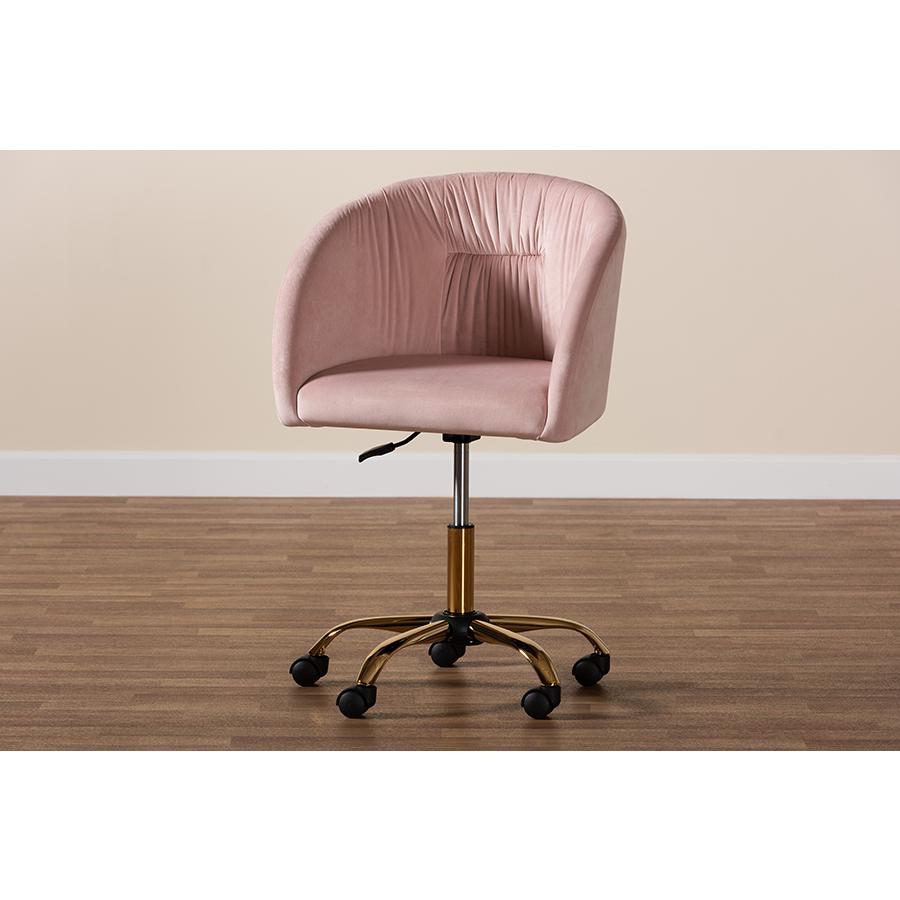 Baxton Studio Ravenna Contemporary Glam and Luxe Blush Pink Velvet Fabric and Gold Metal Swivel Office Chair. Picture 11