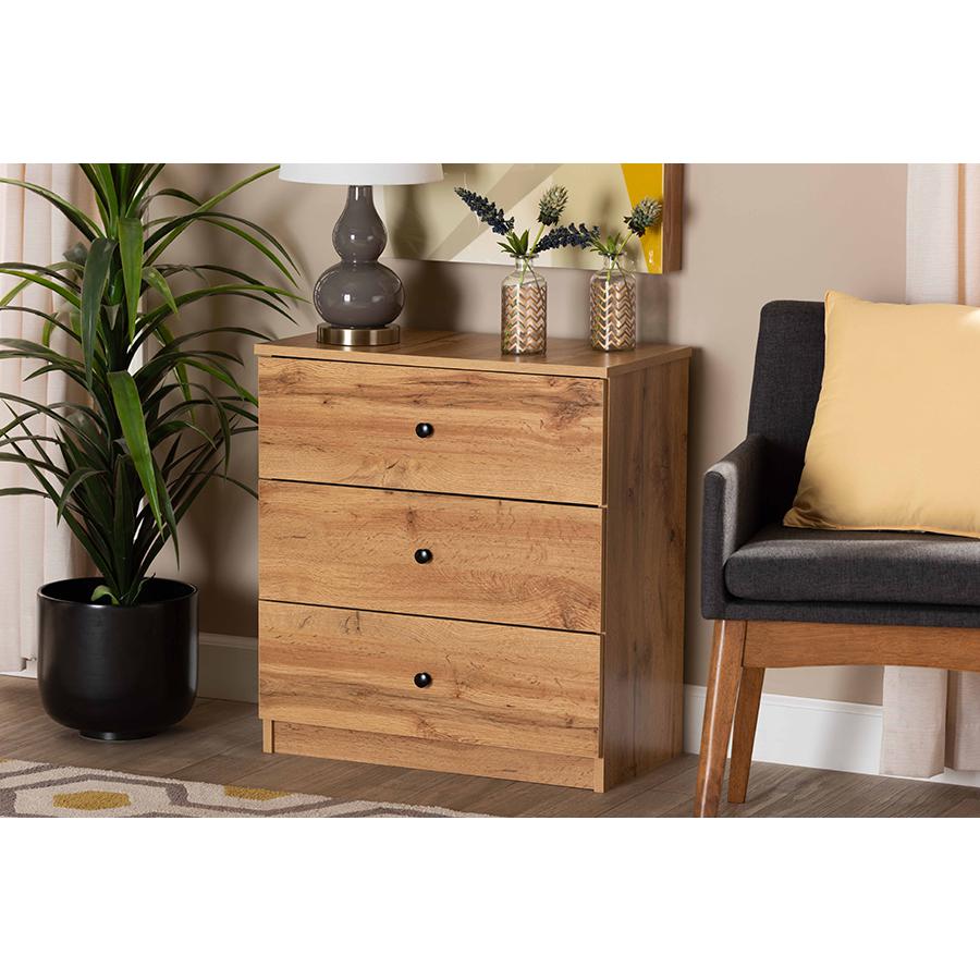 Decon Modern and Contemporary Oak Brown Finished Wood 3-Drawer Storage Chest. Picture 6