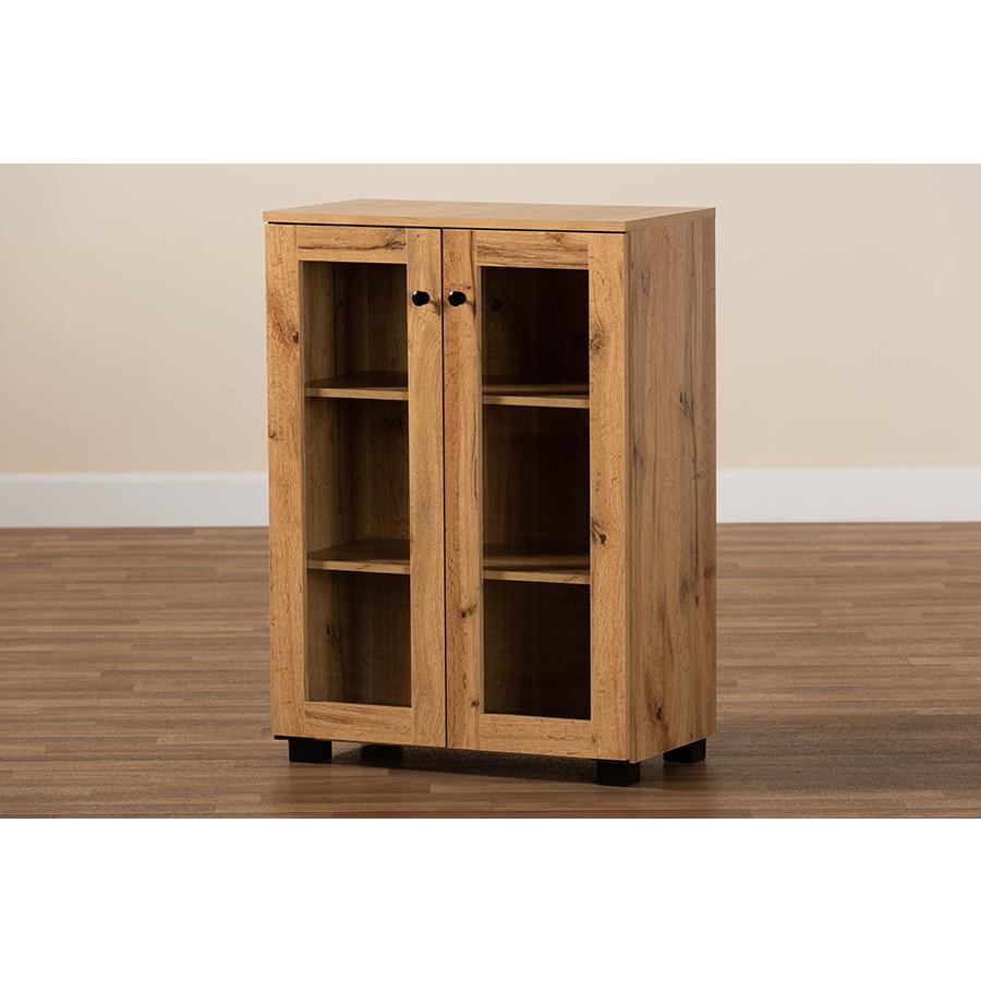 Oak Brown Finished Wood 2-Door Storage Cabinet with Glass Doors. Picture 8