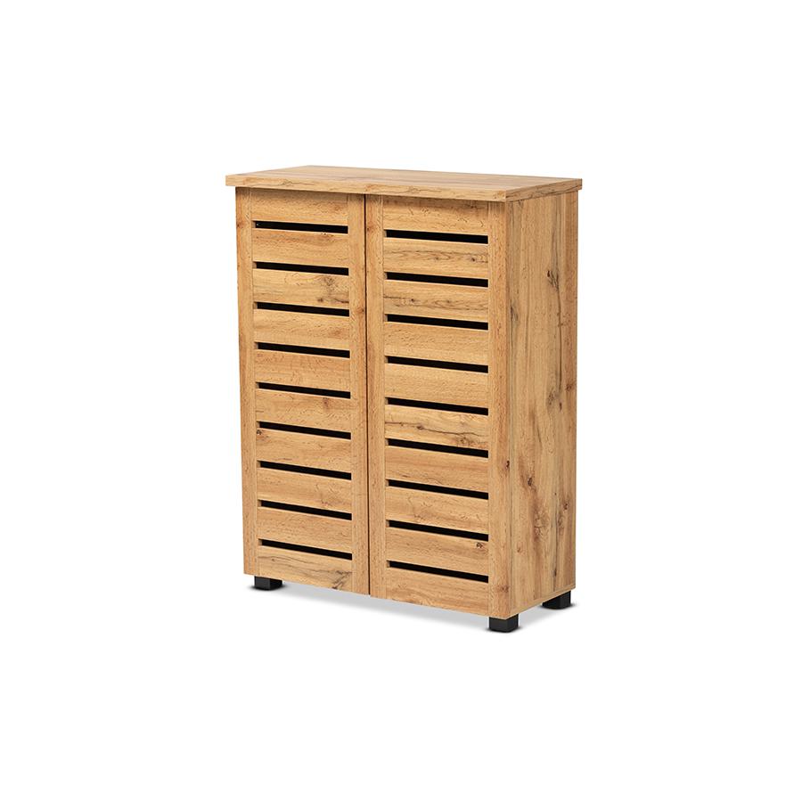 Oak Brown Finished Wood 2-Door Shoe Storage Cabinet. Picture 1