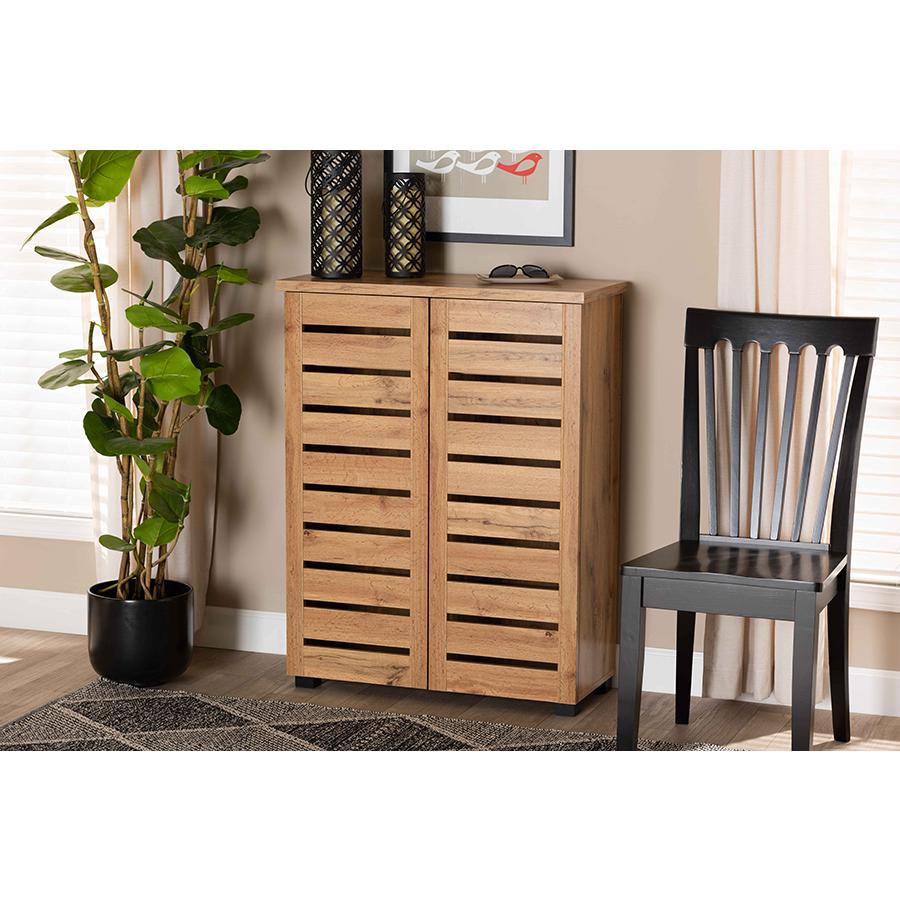 Oak Brown Finished Wood 2-Door Shoe Storage Cabinet. Picture 7