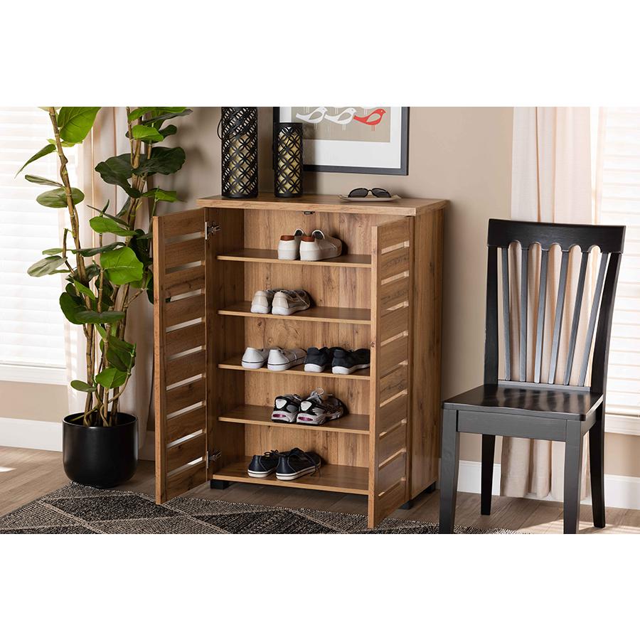 Oak Brown Finished Wood 2-Door Shoe Storage Cabinet. Picture 8