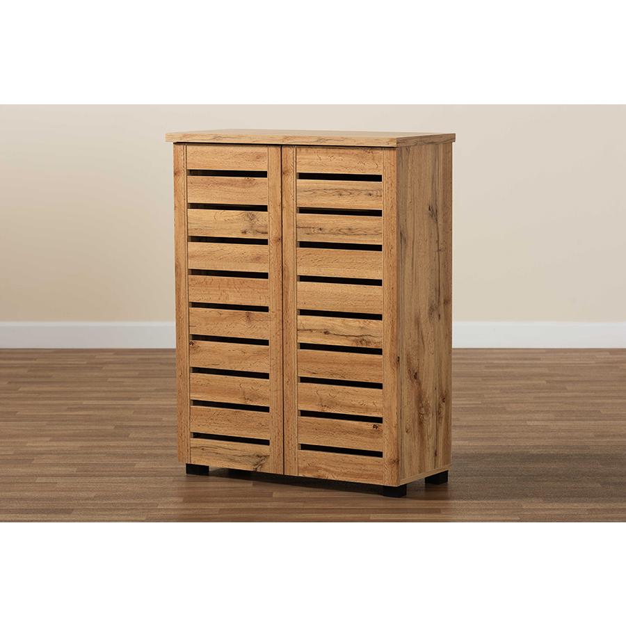 Oak Brown Finished Wood 2-Door Shoe Storage Cabinet. Picture 9
