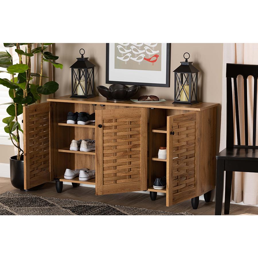 Winda Modern and Contemporary Oak Brown Finished Wood 3-Door Shoe Cabinet. Picture 8