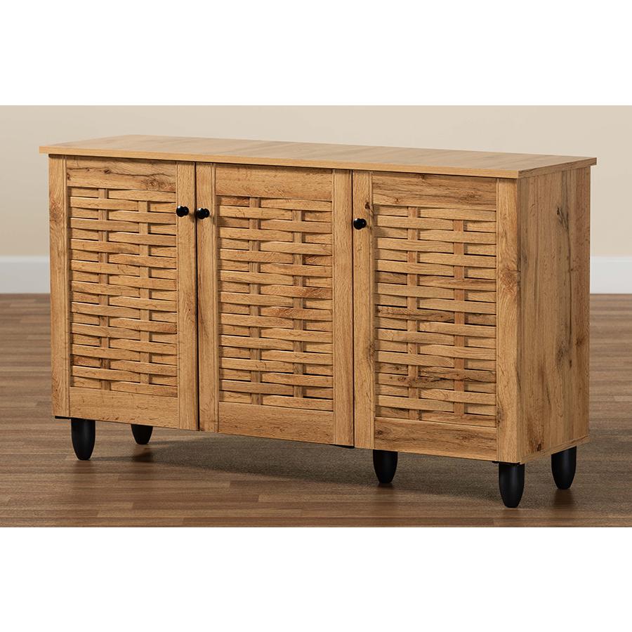 Winda Modern and Contemporary Oak Brown Finished Wood 3-Door Shoe Cabinet. Picture 9