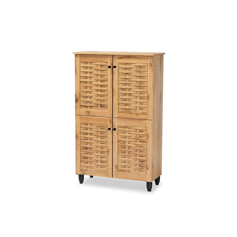 Oak Brown Finished Wood 4-Door Shoe Storage Cabinet. Picture 1