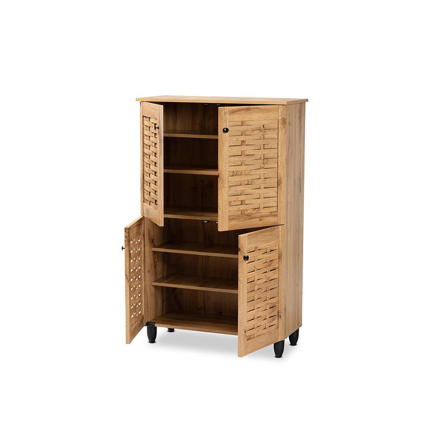 Oak Brown Finished Wood 4-Door Shoe Storage Cabinet. Picture 2
