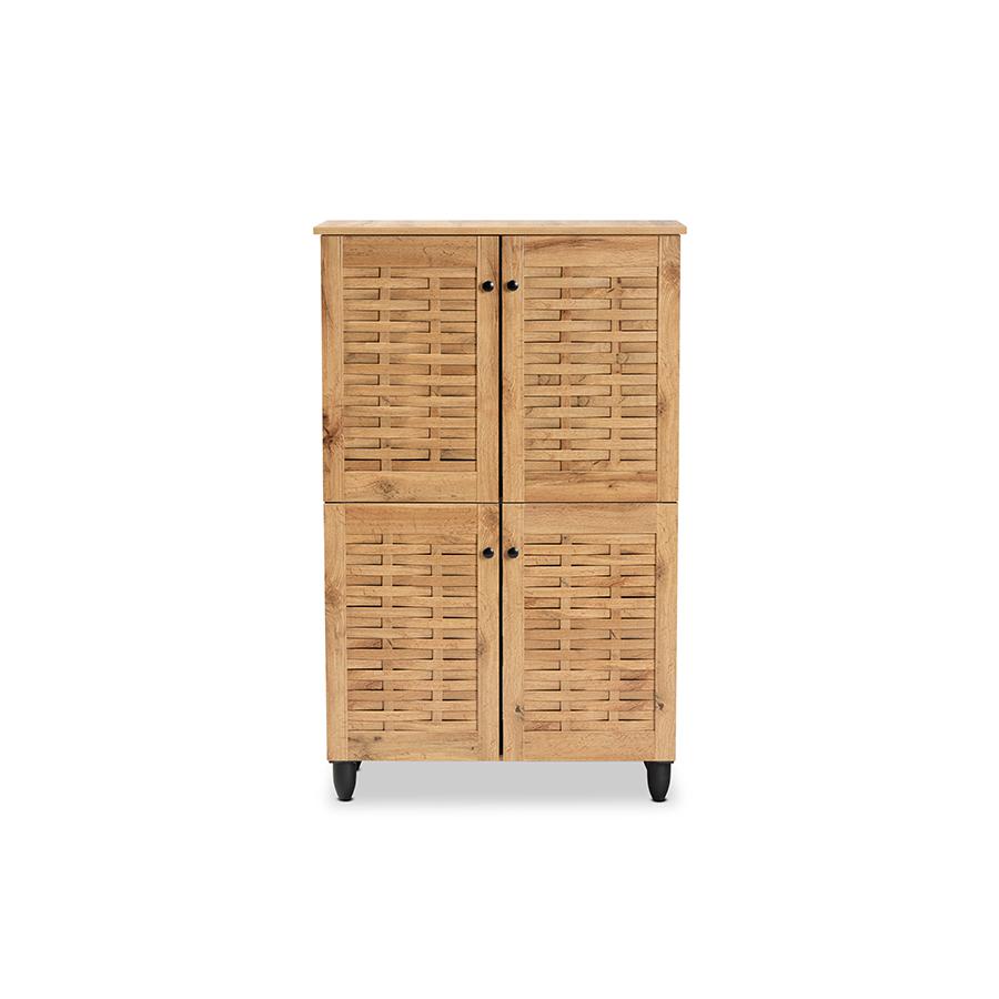 Oak Brown Finished Wood 4-Door Shoe Storage Cabinet. Picture 3