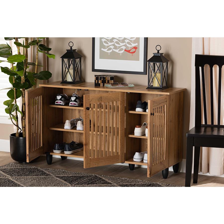 Fernanda Modern and Contemporary Oak Brown Finished Wood 3-Door Shoe Cabinet. Picture 8