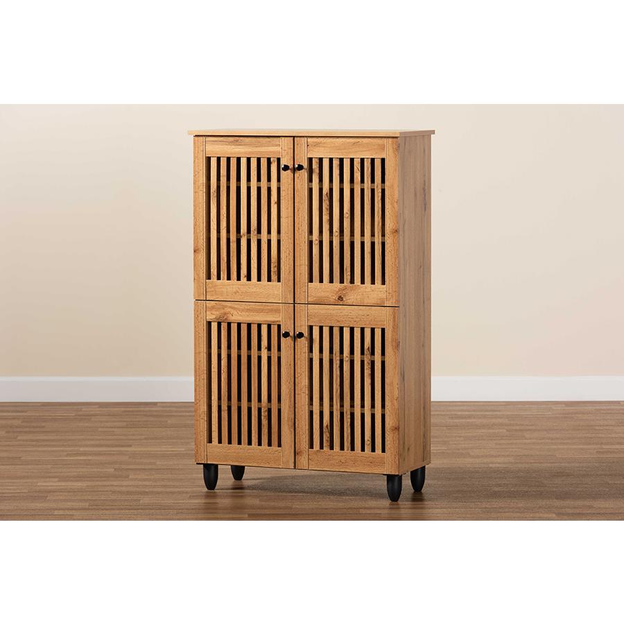 Oak Brown Finished Wood 4-Door Shoe Storage Cabinet. Picture 9