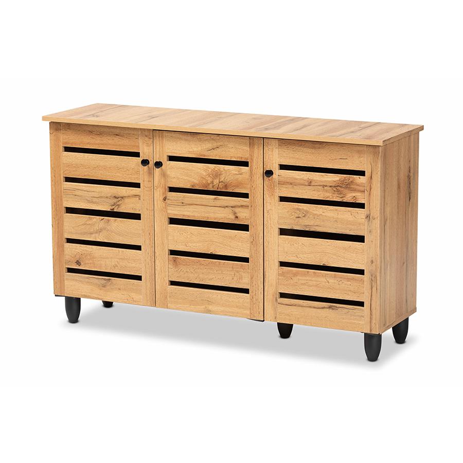 Oak Brown Finished Wood 3-Door Shoe Storage Cabinet. Picture 1