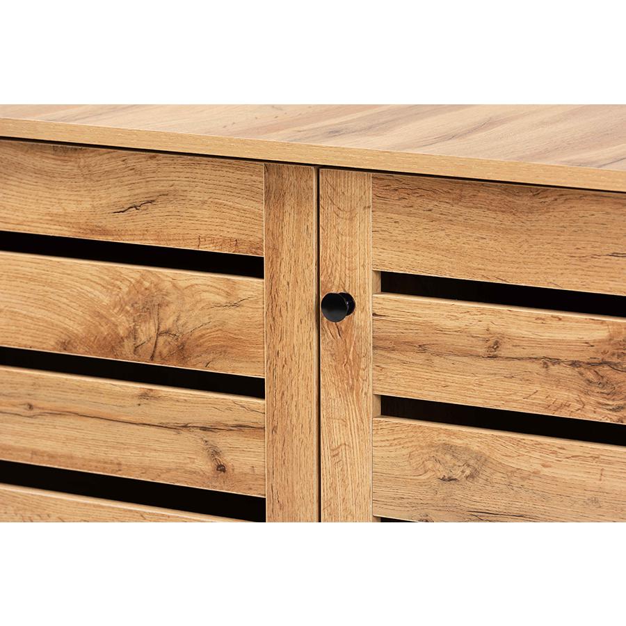 Oak Brown Finished Wood 3-Door Shoe Storage Cabinet. Picture 5
