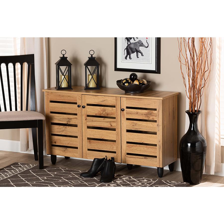 Oak Brown Finished Wood 3-Door Shoe Storage Cabinet. Picture 7