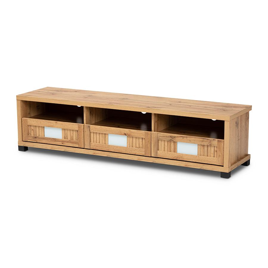 Gerhardine Oak Brown Modern and Contemporary Finished Wood 3-Drawer TV Stand. Picture 1