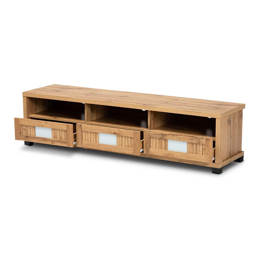 Gerhardine Oak Brown Modern and Contemporary Finished Wood 3-Drawer TV Stand. Picture 2
