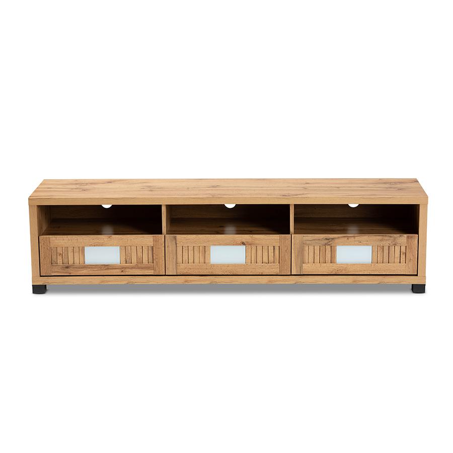 Gerhardine Oak Brown Modern and Contemporary Finished Wood 3-Drawer TV Stand. Picture 3