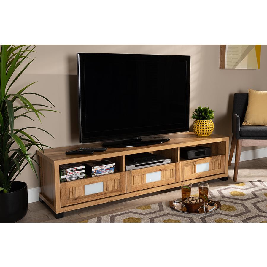 Gerhardine Oak Brown Modern and Contemporary Finished Wood 3-Drawer TV Stand. Picture 7