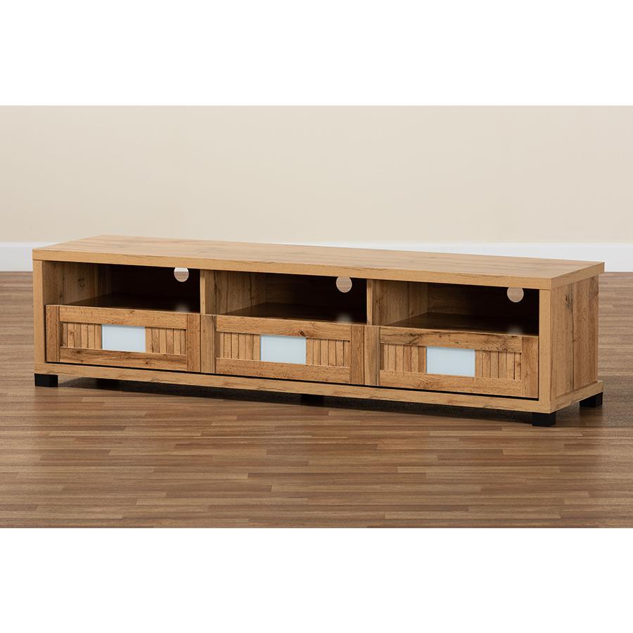 Gerhardine Oak Brown Modern and Contemporary Finished Wood 3-Drawer TV Stand. Picture 8