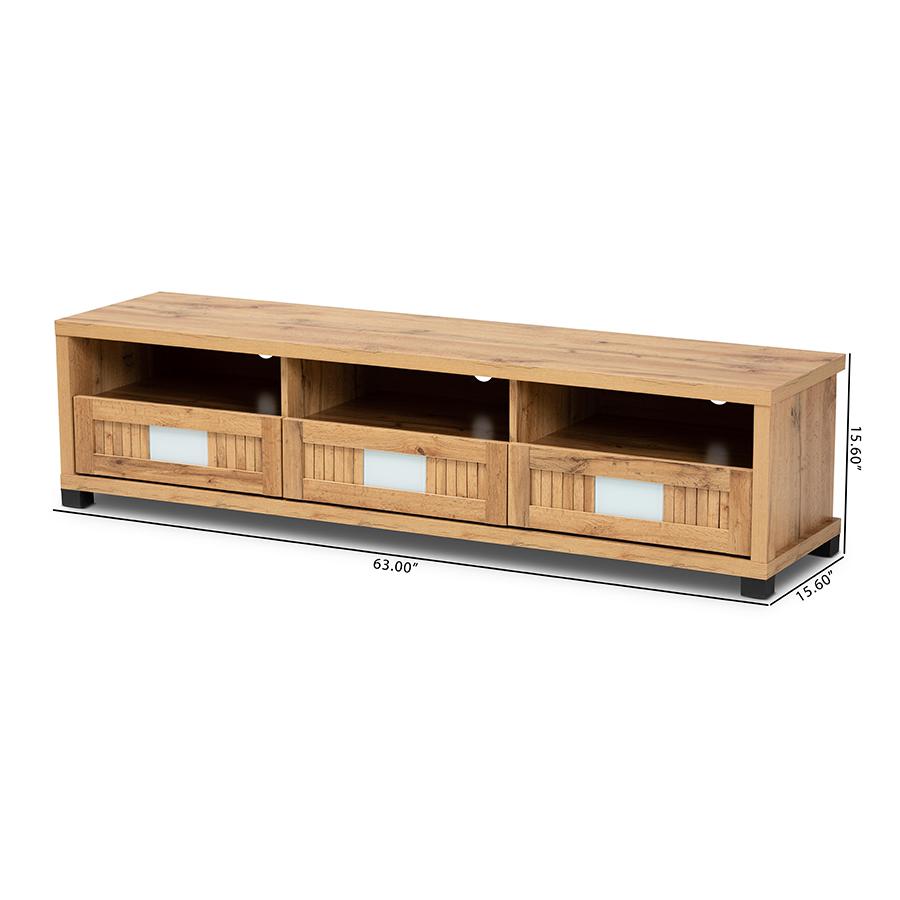 Gerhardine Oak Brown Modern and Contemporary Finished Wood 3-Drawer TV Stand. Picture 9